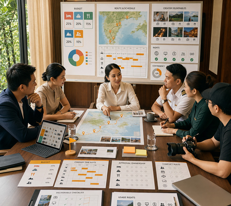 Hospitality partners reviewing budgets deliverables usage rights and conflict rules