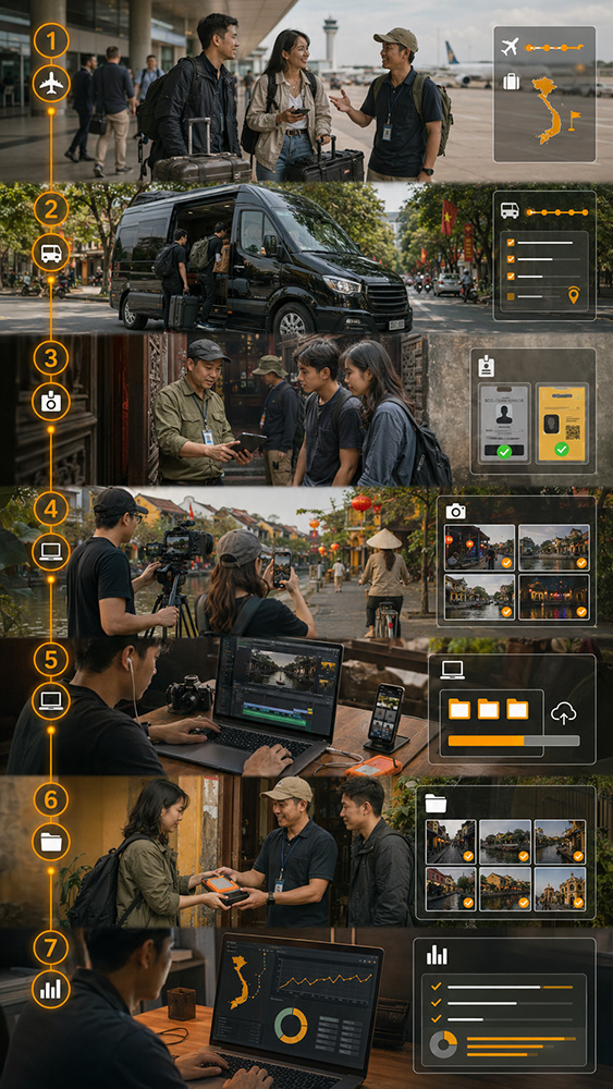 Creator trip timeline covering transport location access filming editing and reporting