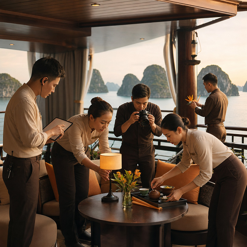 Vietnam staff coordinating timing styling food photography and content delivery behind a guest moment