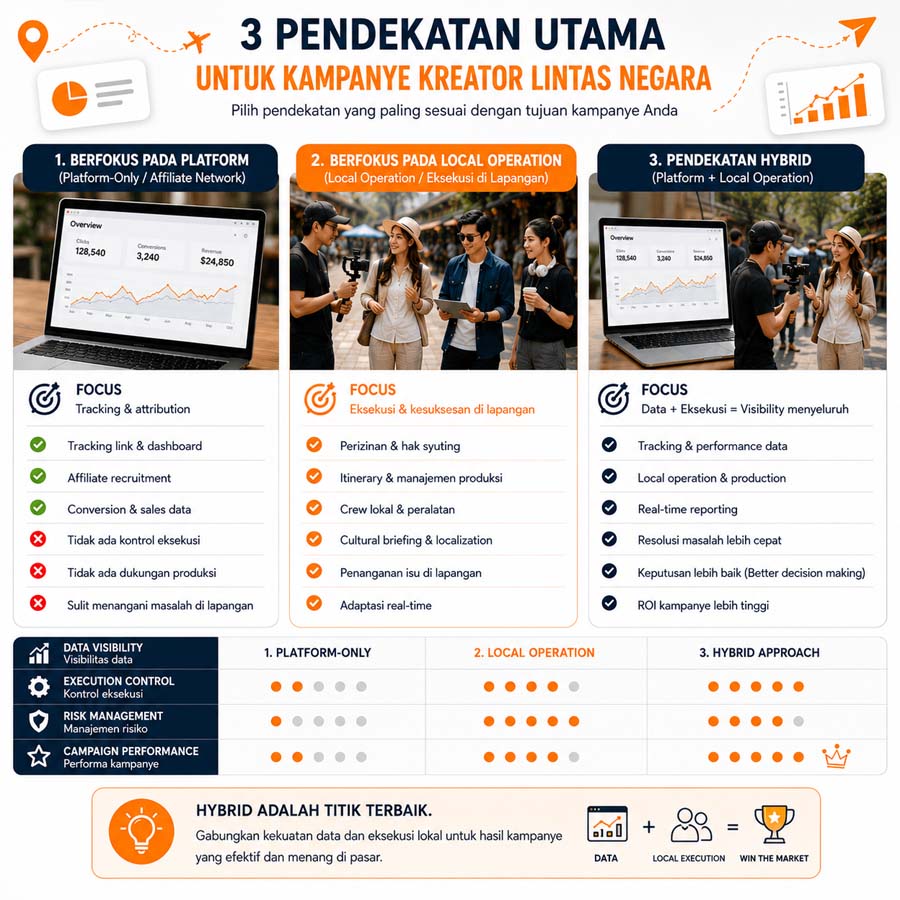 Perbandingan model platform-only local operation dan hybrid dalam kampanye kreator