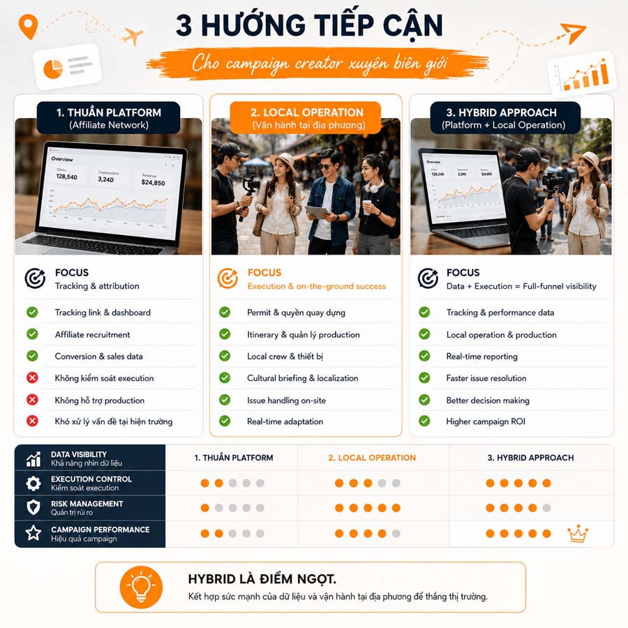 So sánh mô hình platform-only local operation và hybrid trong campaign creator xuyên biên giới