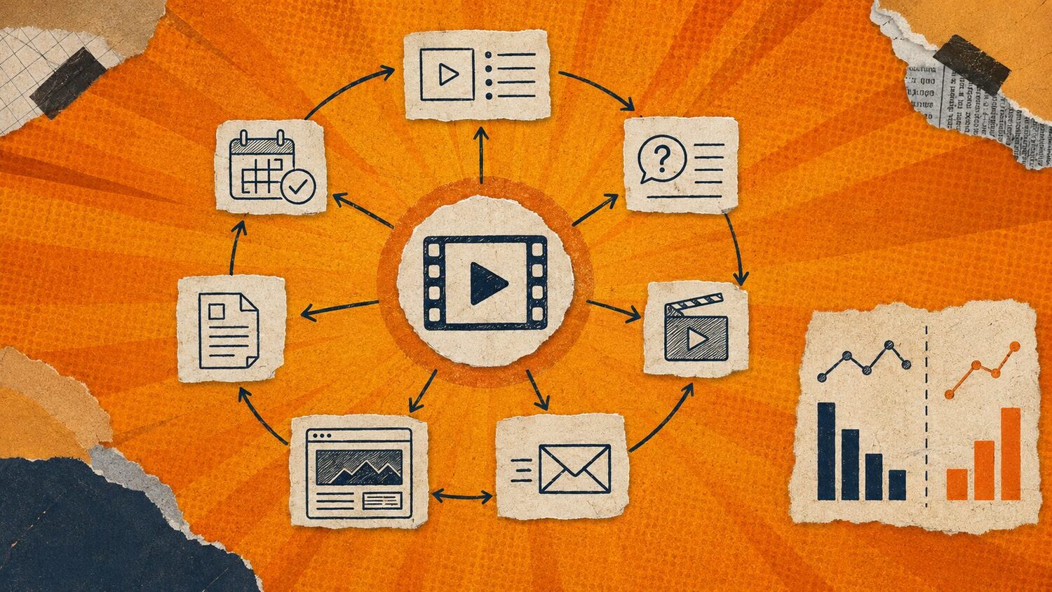 Icon diagram moving a replay into short video, FAQ, email, website, sales document and demo calendar
