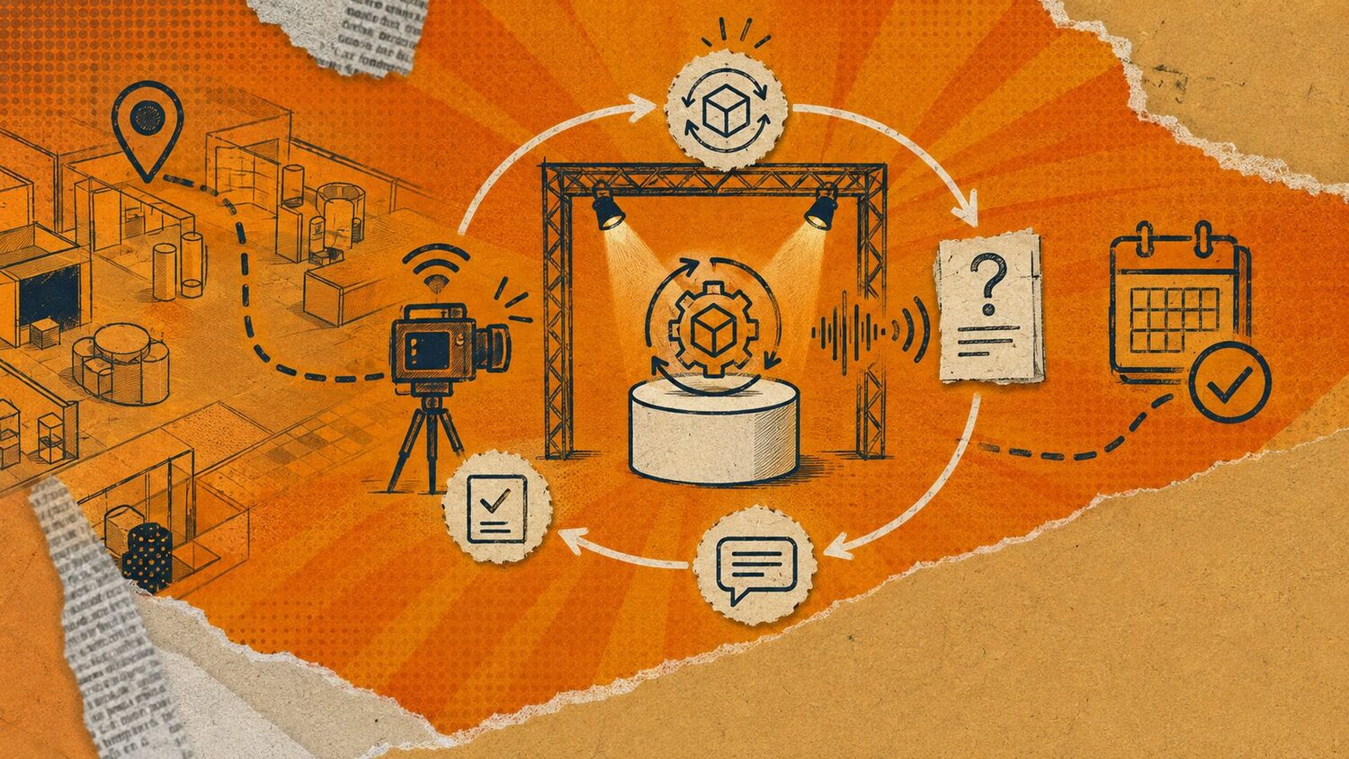 Icon diagram linking a trade-show booth with a working product, buyer question, expert and meeting calendar