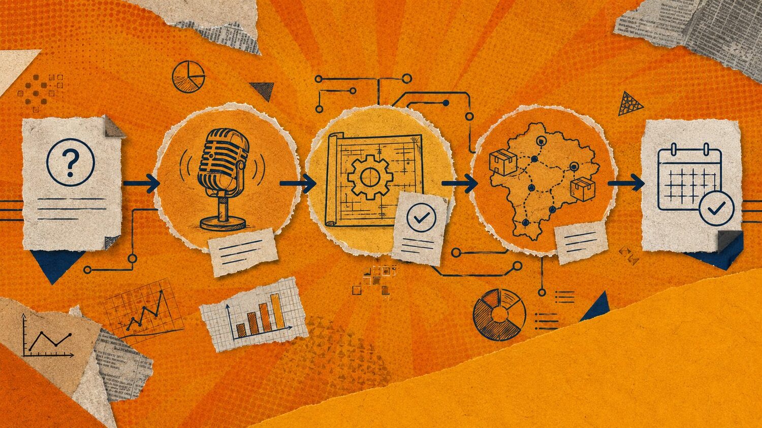 Icon flow from a microphone to technical proof, a Vietnam distribution network and a meeting request