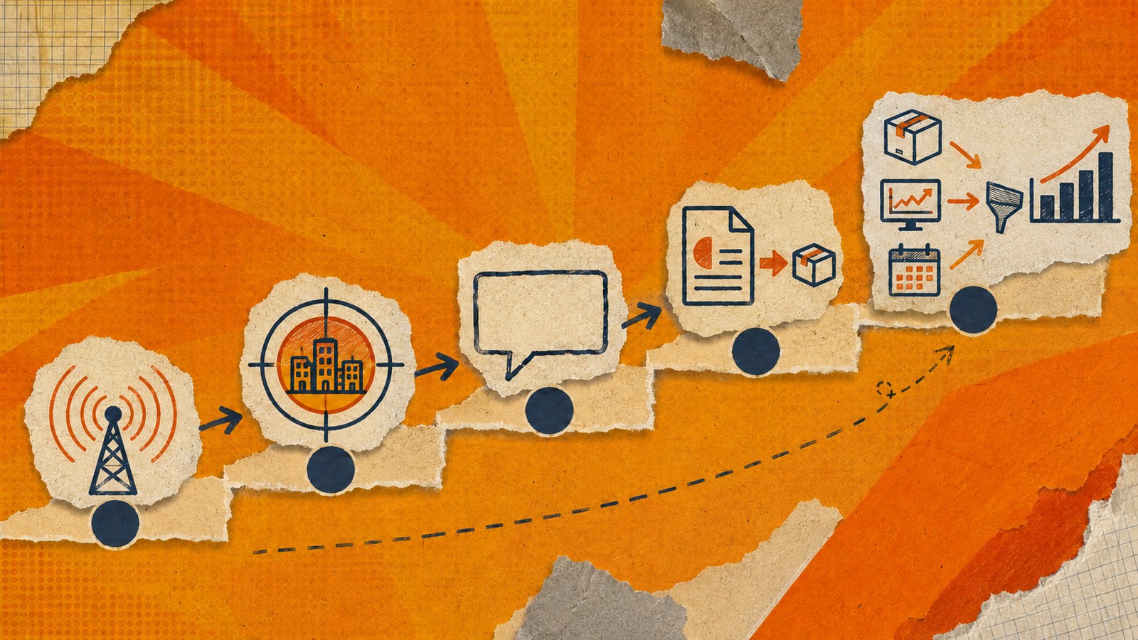 Five-step diagram from exposure and audience quality to commercial action